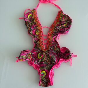 Embellished Neon Pink Cutout One-Piece Swimsuit | Festival Swim